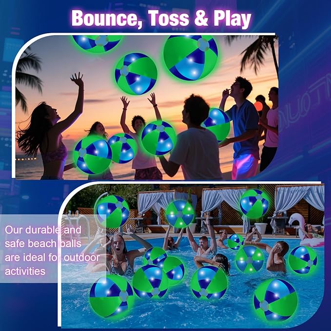 12 Pcs Light up Beach Balls 16'' Jumbo Pool LED Balls Glow in The Dark Neon Giant Inflatable for Summer Hawaiian Tropical Theme Beach Party Decor Water Accessory (Green)