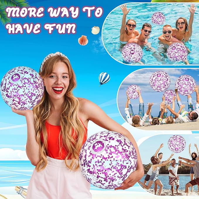 Lewtemi 12 Pcs Inflatable Glitter Beach Balls 16 Inch 24 Inch Shiny Giant Confetti Balls Swimming Pool Beach Blow up Balloon for Outdoor Summer Party Wedding Decor(Purple)