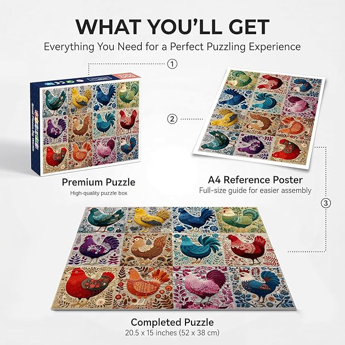 500 Piece Jigsaw Puzzle for Adults - Folk Art Rooster Chicken Farmhouse Animal - Colorful Botanical Embroidery Style 20.5x15 in with Reference Poster - Unique Wall Art Gift