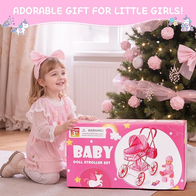 DRAMATION Unicorn Baby Doll Stroller Set with 11'' Baby Doll, Foldable Doll Stroller, Playpen, Dining Chair and 24 PCS Baby Doll Accessories, Doll Playset Toy for Girls Toddlers 3-5 4-6 Birthday Gifts