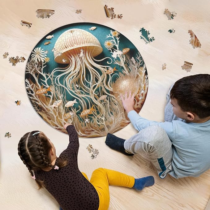 Ocean Jellyfish Puzzles for Adults 1000 Pieces, Impossible Deep Blue Sea Fish Jigsaw Puzzles, Round Jellyfish Paper Art Challenging Puzzle as Wall Decor
