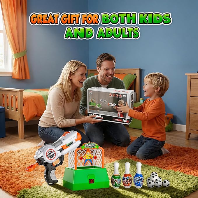 Kids Shooting Game Toy Set,Soccer Game for Kids,Including 24 Foam Soccer Balls and 3 Foam Bowling Pins,LCD Score Record,Indoor Outdoor Birthday Gift for Kids Boys and Girls Ages 3+Years Old