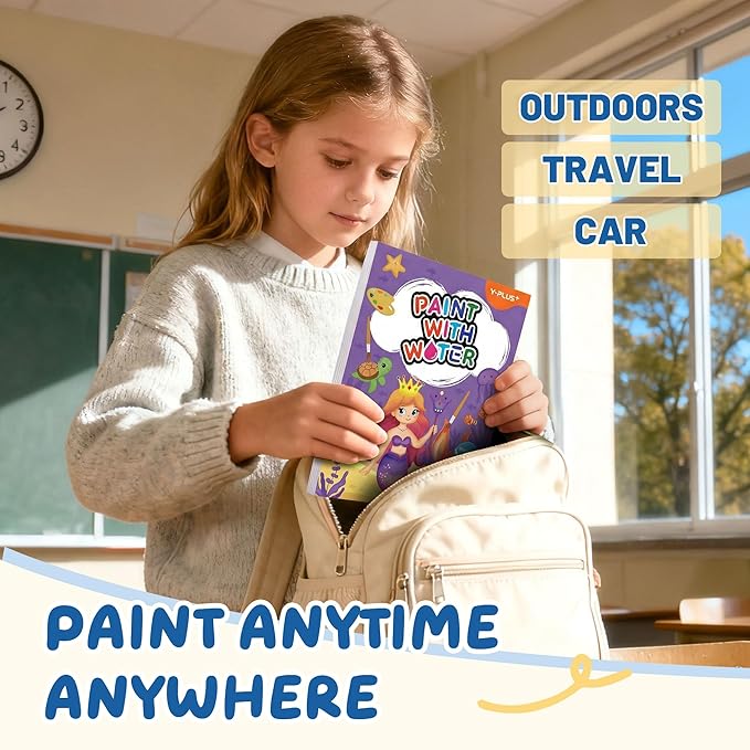 YPLUS Paint with Water Books for Toddlers, Watercolor Painting Paper Gift for Kids Ages 1-3, 2-4, 4-6, Art Craft Gift for Drawing with Brush Christmas Stocking Stuffers for Kids Toddler - Mermaid