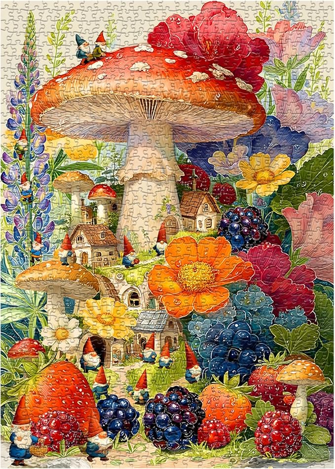 Gnome Mushroom Puzzles for Adults 1000 Pieces, Colorful Magical Floral Garden Village Jigsaw Puzzle, Fantasy Gnome House Flower Fruits Puzzle, Spring Nature Plant Challenging for Adults