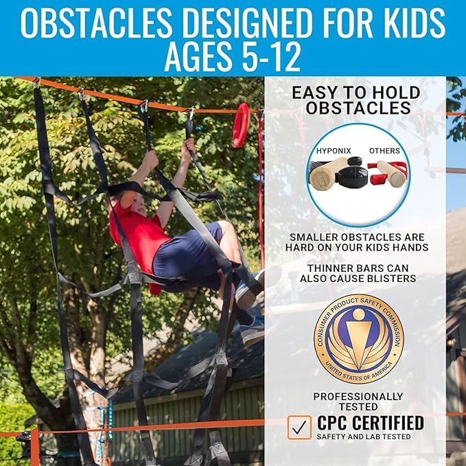 Ninja Warrior Obstacle Course for Kids – 2 x 60 ft Slacklines with 13 Weatherproof Obstacles – Includes Bottom Line, Traverse Rings, Monkey Net – Supports 880 lbs – Easy Setup on Trees or Posts
