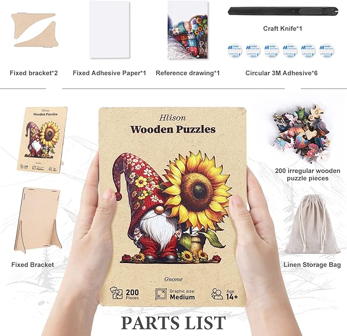 Wooden Puzzles for Adults, Sunflower Gnome 200 Pieces Wooden Jigsaw Puzzles with Unique Shape, 10.3x10.6 Inch Wooden Puzzles Kits for Great Gift Family Game