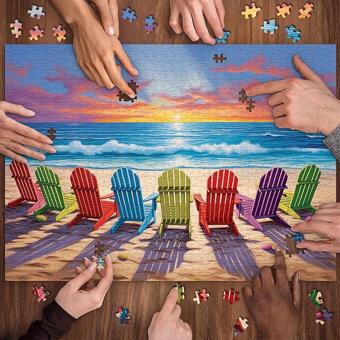 Beach Puzzles for Adults 1000 Pieces and up, PICKFORU Colorful Puzzle Collection Lounge Chair Beach Scene, Summer Puzzle as Home Decor