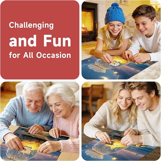 Glowing Starfish Beach 1000 Piece Puzzle for Adults - Cute Star in Bag & Night Ocean Art, Poster & Lettered Back, 20"x28" HD, Gift for Kids & Fantasy Lovers