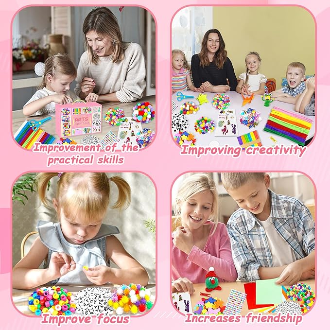 BNUZEIYI 2000 PCS Arts and Crafts Supplies for Kids All-in-1 Craft Kit with Pipe Cleaners Craft Box Set DIY Crafting Supply School Supplies Toys Gifts for Girls Boys Ages 4-6, 6-8, 8-12, Pink