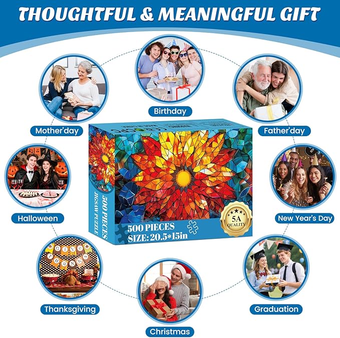 Puzzles for Adults 500 Pieces,Stained Glass Flower Puzzle,Impossible Hard Difficult Challenging Puzzle for Adults, Mosaic Flower of Life Jigsaw Puzzles 500 Pieces, Perfect for Game Nights 20.5X 15in