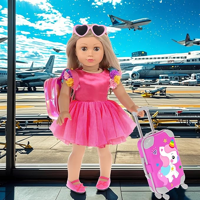 ebuddy 18 inch Doll Clothes and Accessories-Travel Suitcase Playset for 18 inch Dolls Flower Princess Dress with Backpack Luggage Include Shoes, Glasses and Ticket (No Doll)