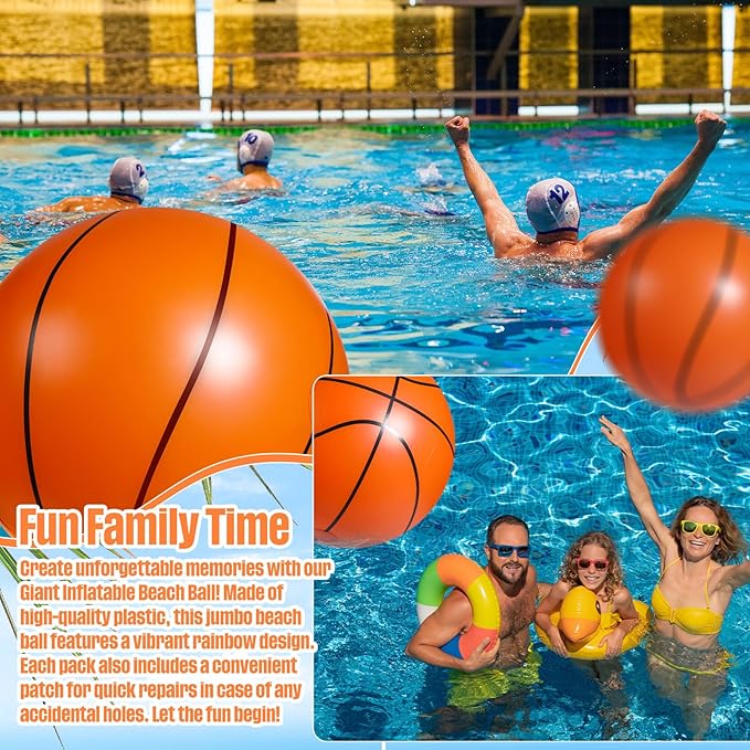 Tanlade 4 Pcs 42 Inch Giant Basketball Glitter Inflatable Beach Ball Large Jumbo Beach Pool Ball for Outdoor Activity Summer Birthday Water Game Toys Sports Themed Party Favors Decoration(Basketball)
