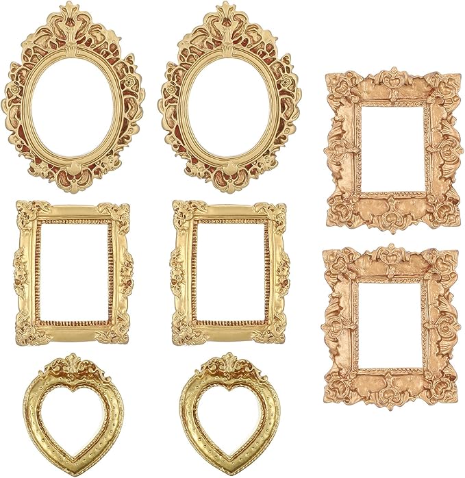 YUXIANLB 8 Pcs Miniature Dollhouse Mirror Set with Carved Golden Edges, European Style Victorian Baroque Wall Decor for 1/12 Scale Dollhouse Display, Mini Furniture Accessory Gold