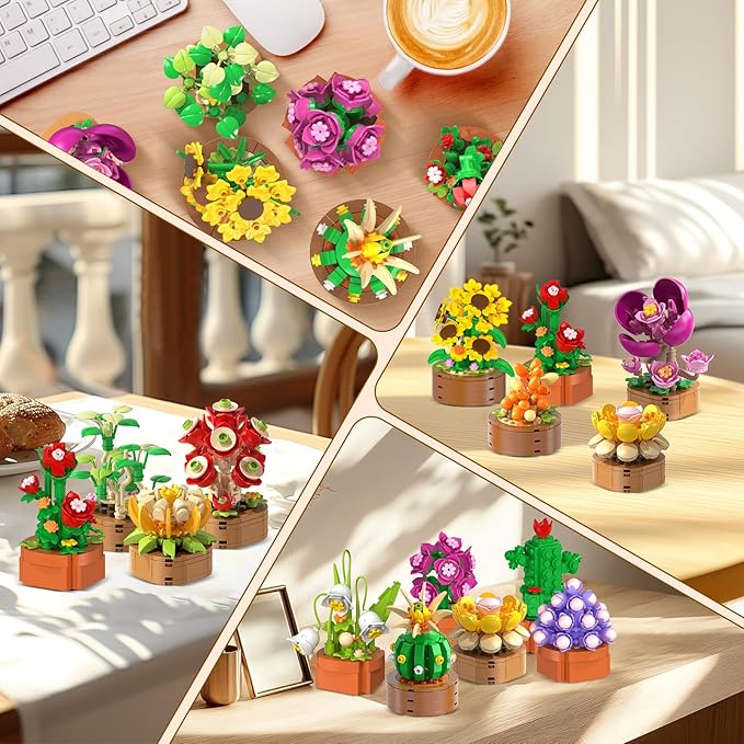 15 Pack Flowers Plants Mini Building Set - 1314PCS 3.6MM Flower Succulents Botanical Collection Block Toy for Home Office Décor, Easter Birthday Gifts for Adults Women Boys Girls 10+