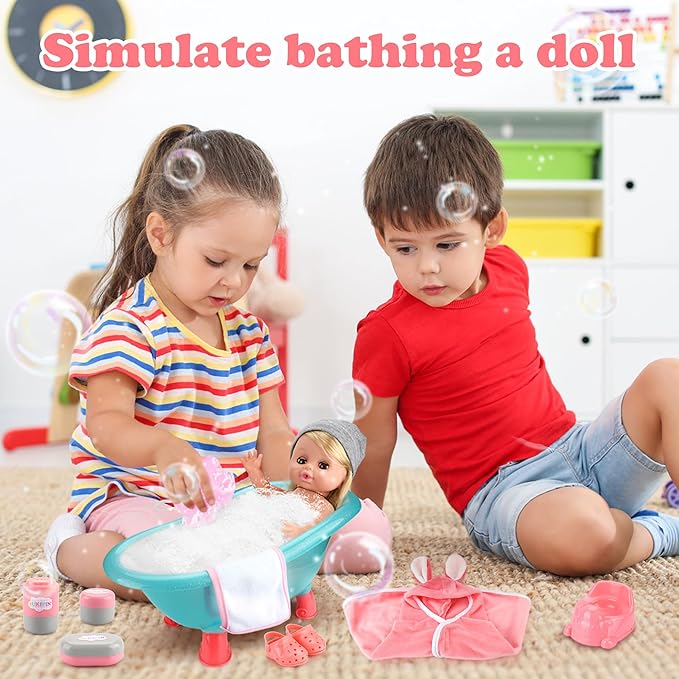 SUKIPIN Baby Doll Bath Set, Baby Dolls for 5 Year Old Girls for Easter Basket Stuffers, Doll Bathtub Toys for 3 4 5 Years Old Girl Birthday Gifts (Bathtub Set)