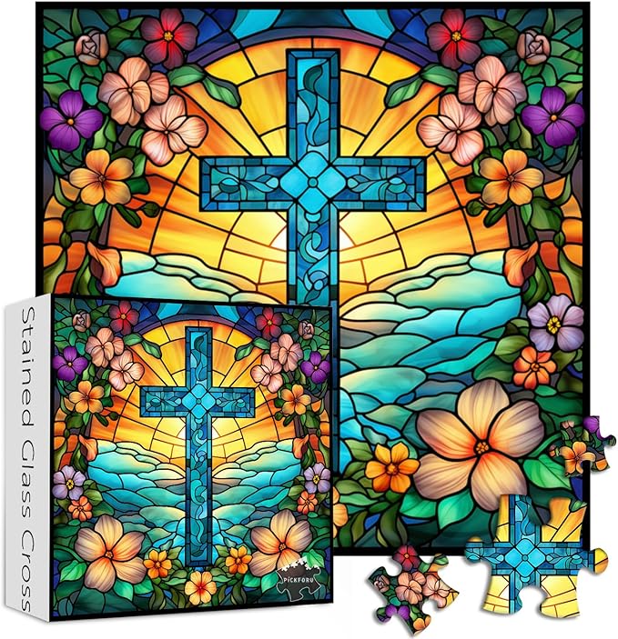 Cross Stained Glass Puzzles for Adults 1000 Pieces and up, PICKFORU Christian Puzzles with Colorful Flower, Religious Puzzle as Home Decor