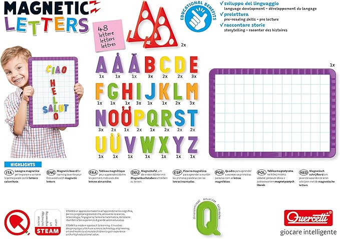 Quercetti: Magnetic Letters Starter Set - 44 Colorful Letters & Magnetic Grid Board, ABC & Spelling, First Words Learning Toy, Preschool Play, Kids 4+