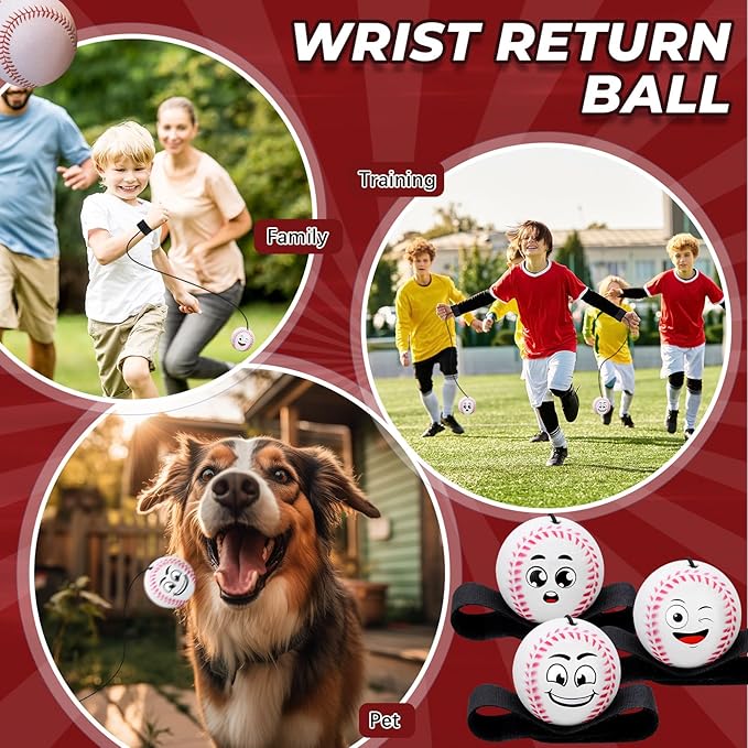 12 Pcs Wrist Return Balls on a String Face Return Sport Balls with Elastic Strap Wrist Exercise for Adults for Fun Outdoor Activity Sports Team Gifts (Baseball)