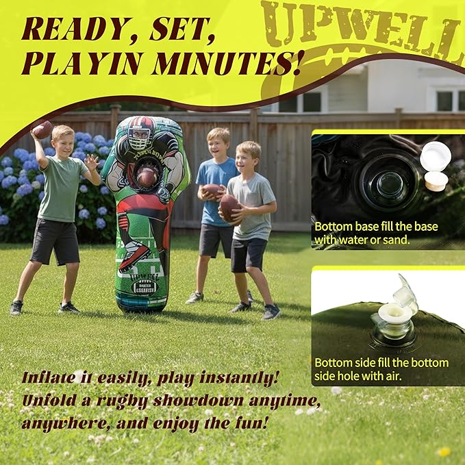 UPWELL Inflatable Football Target Set - 6ft Blow Up Toy for Fun Toss Games, Soft Footballs, Indoor/Outdoor Play, Perfect for Kids' Birthday Parties & Backyard Carnival Games