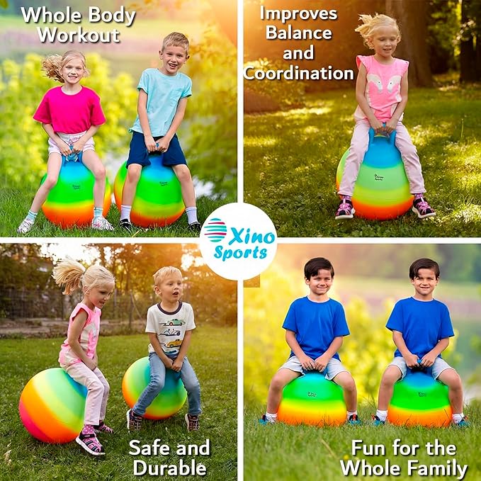 Xino Sports Hopping Ball for Kids - Rainbow Bouncy Ball with Handle, Fun Indoor and Outdoor Toy for Exercise & Play, Hopper for Jumping, Safe and Durable (18 Inch Diameter)