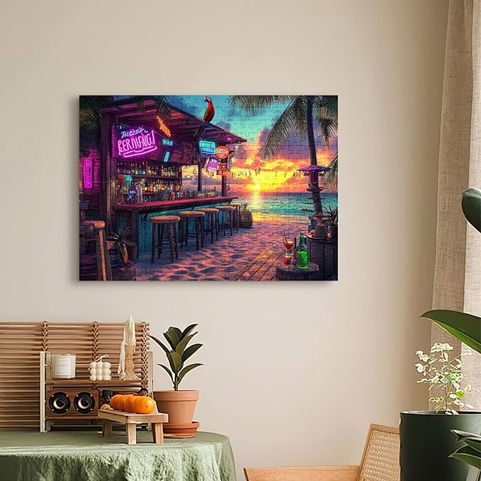 500 Piece Beach Tiki Bar Jigsaw Puzzle for Adults, Summer Tropical Coastal Sunset Bar Puzzles for Adults 500 Pieces, Home Decor Birthday Party Gift for Men Women Elders, 20.5 x 15 in