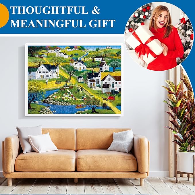 500 Piece Puzzle for Adults | Seaside Village Puzzle |Recycled Cardboard White Villa Jigsaw Puzzles 500 Pieces |Challenging America Town Folk Art Puzzles Perfect for Game Nights Best Xmas Gift 20.5*15