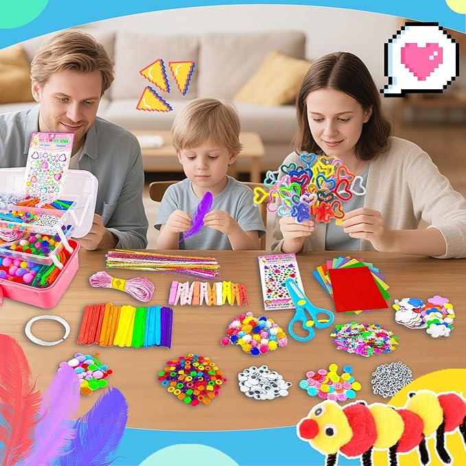 SMILESSKIDDO Arts Craft Supplies for Kids - 1400+ PCS Toddler DIY Craft Art Supply Set, Portable 3 Layered Folding Storage Box School Craft Projects - Gifts for Girls Ages 4-8, 8-12, Pink