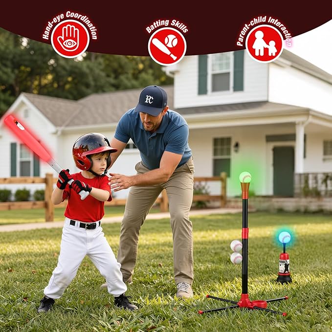 3-in-1 LED T Ball Set for Kids, Adjustable Height, Hanging Tee Ball Set with Baseball Launcher/4 Softballs/Light Up Bat, TBall Stand Sport Toys, Baseball Gifts for Boys Girls Age 3-5