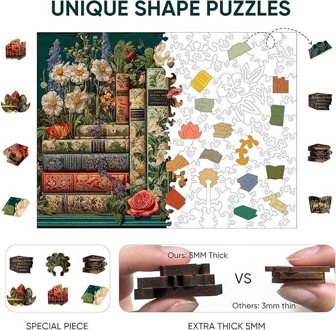 BODHIPNJOY Wooden Puzzles for Adults, Mother's Day Puzzles, Books Jigsaw Puzzles, Wildflowers Book Vintage Unique Plant Art Puzzle Family Challenging Games for Seniors Adults 200 Piece 11.8 * 8.9 in