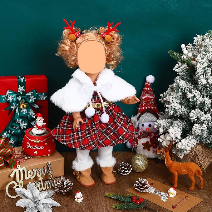 UPINS 18 Inch Doll Clothes and Accessories, Santa Costume Winter Doll Outfits Set Christmas Costume Playset Including Dress Fur Cape Tights Boots Hair Clips for Girls Gifts