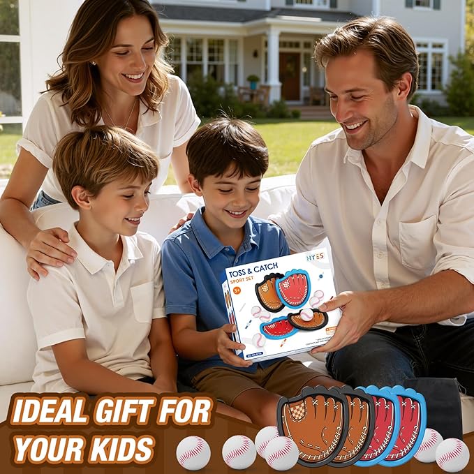 Toss and Catch Ball Game, Outdoor Toys for Kids, Beach Pool Yard Games for Teens & Family, Toddler Baseball Glove Birthday Gifts for 3 4 5 6 7 8+ Year Old Boys & Girls (4 Paddles & 6 Balls)