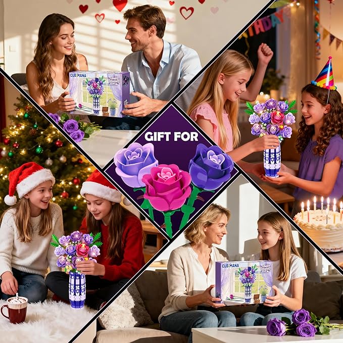 Purple Roses Flowers Building Set with Vase & LED Light, 17 Mini Flowers Bouquet Building Blocks Toy for Adults, Artificial Flowers for Home Office Decor & Display, Gifts for Women & Men