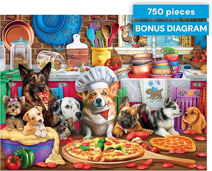 Buffalo Games - Pizza Time Pups by Brigid Ashwood 750 Piece Jigsaw Puzzle for Adults and Teens Colorful Dogs Kitchen Scene