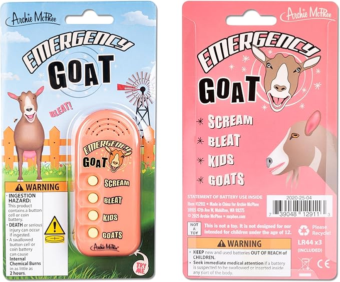 Archie McPhee: Emergency Goat - Electronic Sound Maker, 3.5" Handheld Device, 4 Noises, Scream-Bleat-Kids-Goats, Farmyard Fun, Gag Gift, Novelty Toy