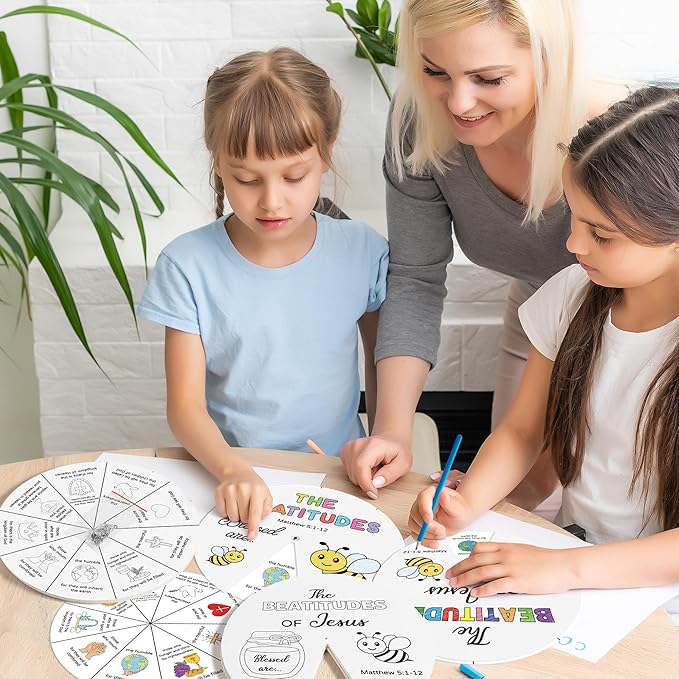 COcnny Religious Coloring Wheel Craft - 24 Sets Beatitudes Christian Craft for Kid, Color Your Own Jesus Art Kit, Biblical Bee DIY Crafts for Sunday School Classroom Church Activities VBS Supplies
