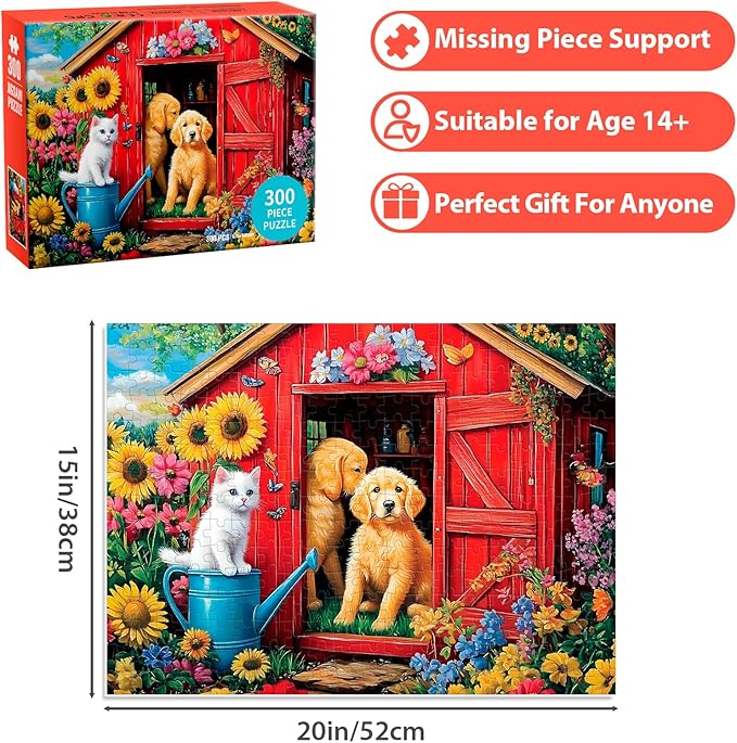 300 Piece Puzzle for Adults Dog Cat Flower Jigsaw Puzzle, Recycled Cardboar Jigsaw Puzzles 300 Pieces for Senior, Challenging Puzzles Family Birthday Party Toy Gift for Friends 20.5"x15"