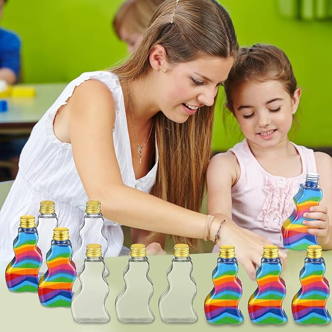 Nuenen 50 Pcs Sand Art Bottles Bulk with Funnels Plastic Wave Shaped Sand Art Containers for DIY Craft Party Supplies(Gold Lid)