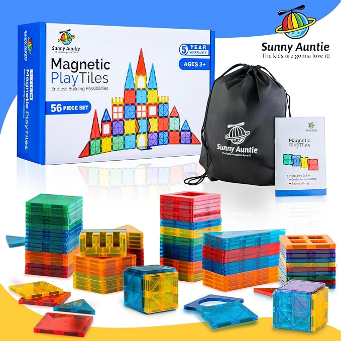 Magnetic Tiles 56 PCS Building Set – Magnetic Building Tiles STEM Toy for Kids & Toddlers Ages 3-8, Magnet Construction Set for Boys & Girls