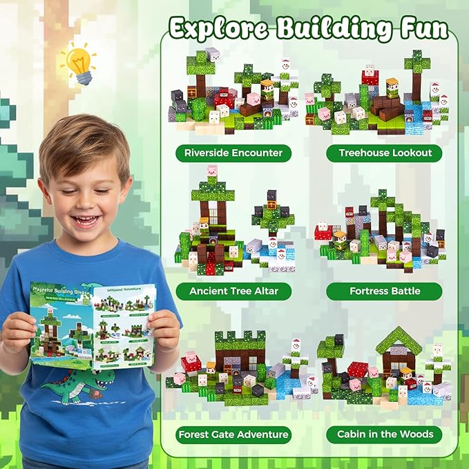 3 otters Magnetic Blocks 150PCS Forest Adventure Set, STEM Magnet Cubes & Magnetic Tiles Build Forest World Toys for Kids, Sensory Stacking Gifts for Boys & Girls Birthday