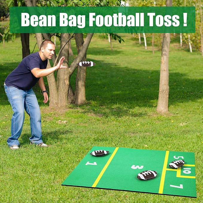 Football Bean Bag Toss Set with Green Soccer Field Carpet and 8 Pcs Mini Bean Bags Cornhole Set for Holiday Backyard, Beach Camping Family Party Activities