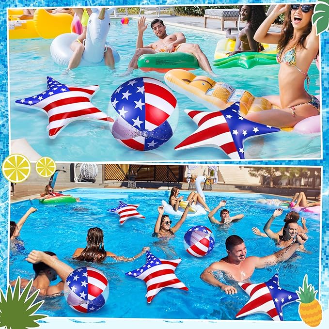 5 Pcs Inflatable 4th of July Pool Float USA 250th Anniversary American Flag Star Beach Balls Large 20'' Red White and Blue Inflatable Balls Independence Day Patriotic Decoration for Summer Pool
