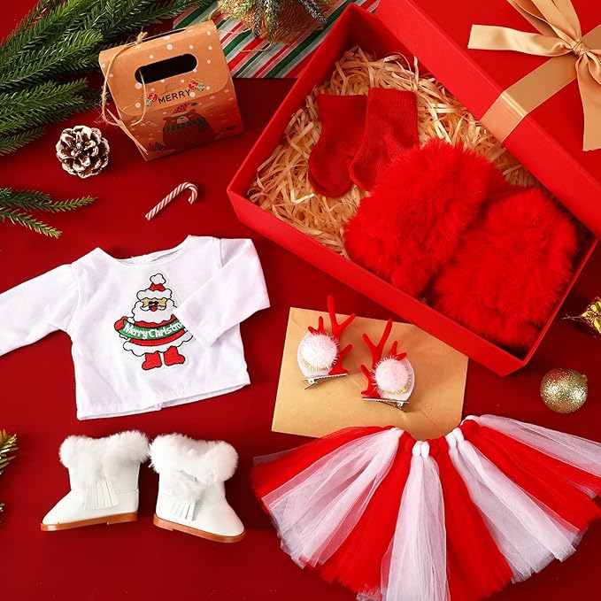 UPINS Christmas 18 Inches Doll Clothes and Accessories Winter Doll Outfits Set Christmas Deer Costume Includes Tutu Dress T-Shirt Shoes Hairpin Socks for 18 Inch Doll Girls Gifts