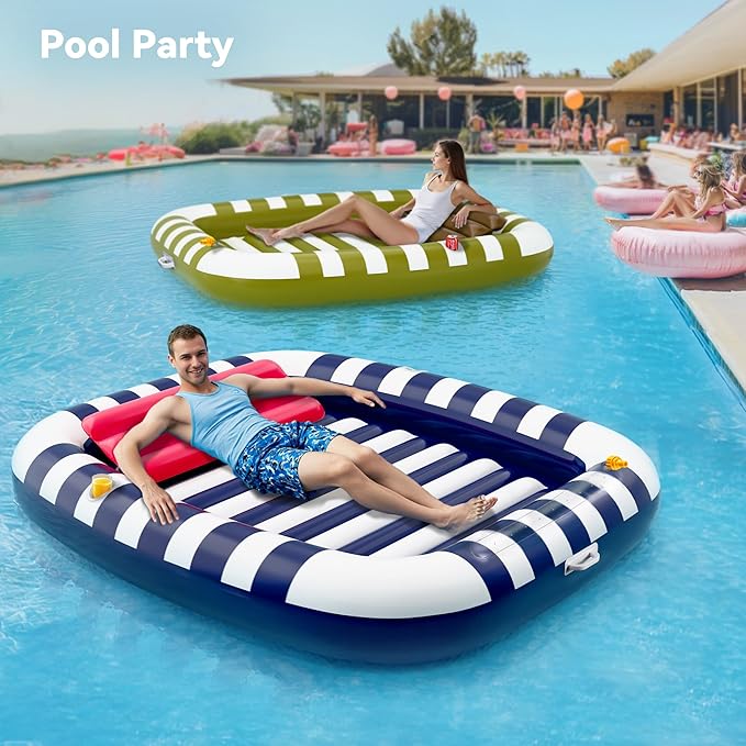 Pool Wave Inflatable Pool Lounger Floats W/Water Sprinkler, 80" x 66" Large Tanning Bed for Adult Kids, Outdoor Sun Bathing Floating Blow up Raft W/Pillow, Summer Beach Lake Family Party Gift - Blue