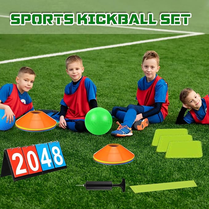 Huaerle 18 Pcs Sports Kickball Set Includes 2 Playground Ball with Air Pump 4 Rubber Throw Down Bases 10 Foul Line Cones and a Flip Scoreboard for Boys Girls Adults Playground School Backyard