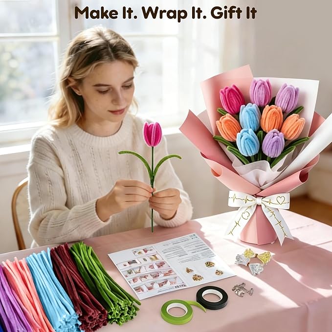 EARLY MINDS 800Pcs Pipe Cleaner Flower Bouquet Kit, 12 Colors Chenille Stems Craft Making Set with Floral Tape, Flower Stems, Gift Wrap & More, DIY Bouquet Handmade Gifts for Mother