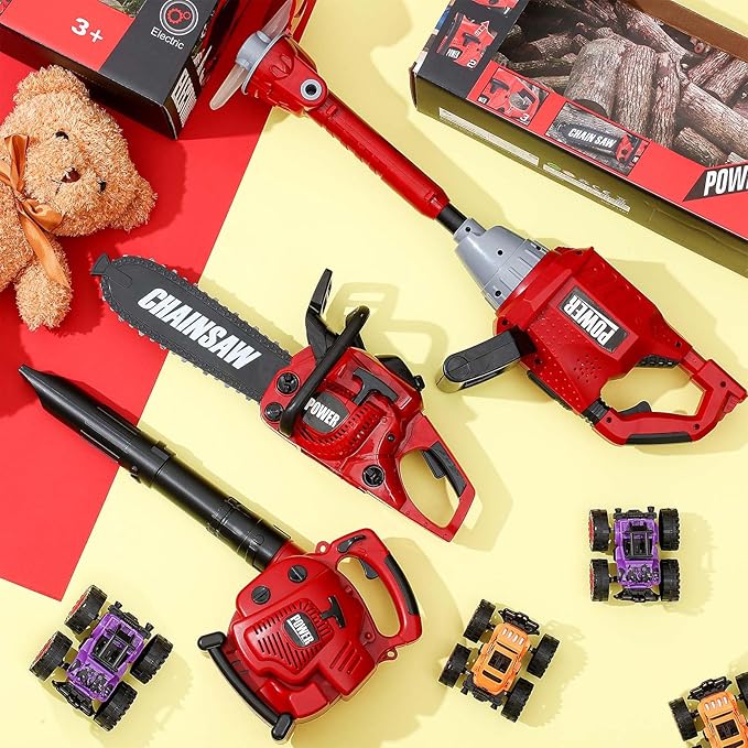 3 Pcs Toy Gardening Tool Set for Kids Toy Leaf Blower Weed Trimmer Chainsaw Pretend Set with Lights and Sounds Christmas Birthday Gift for Boys Girls