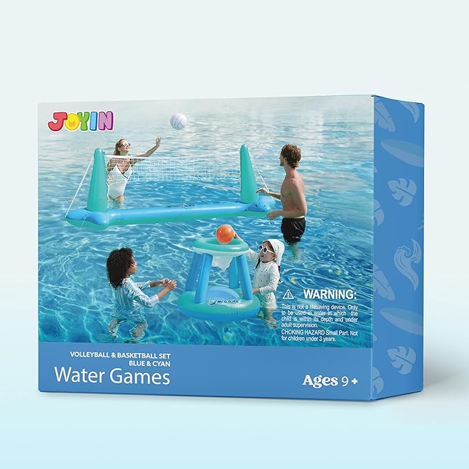 JOYIN XL Inflatable Pool Float Set, 125'' Volleyball Net & Basketball Hoops, Extra Large Floating Swimming Game Toy for Kids and Adults, Summer Floaties, Volleyball Court|Basketball, XL-Blue, Cyan