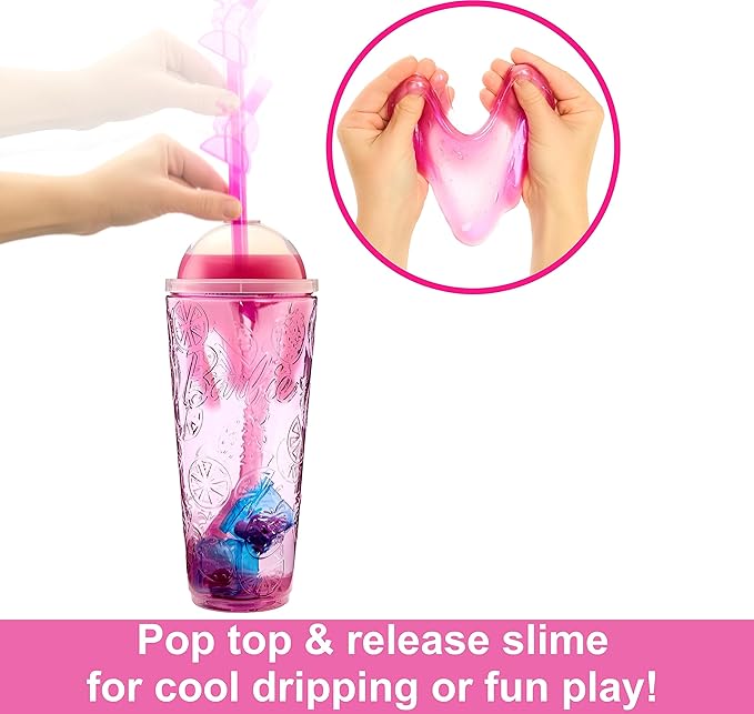 Barbie Pop Reveal Doll & Accessories, Strawberry Lemonade Scent with Pink Hair, 8 Surprises Include Slime & Squishy Puppy