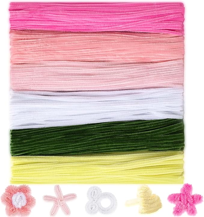 Peryiter 500 Pieces Pipe Cleaners Chenille Stems for Flowers Craft Supplies Bulk Fluffy Fuzzy Sticks for DIY Art Projects Creative Gift Wrapping Party Decorations(Pink Flower,12 Inch)