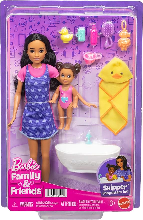 Barbie Skipper Babysitters, Inc. Playset with Brunette Doll, Brunette Toddler Doll, Bathtub & 6 Accessories Including a Rubber Duckie